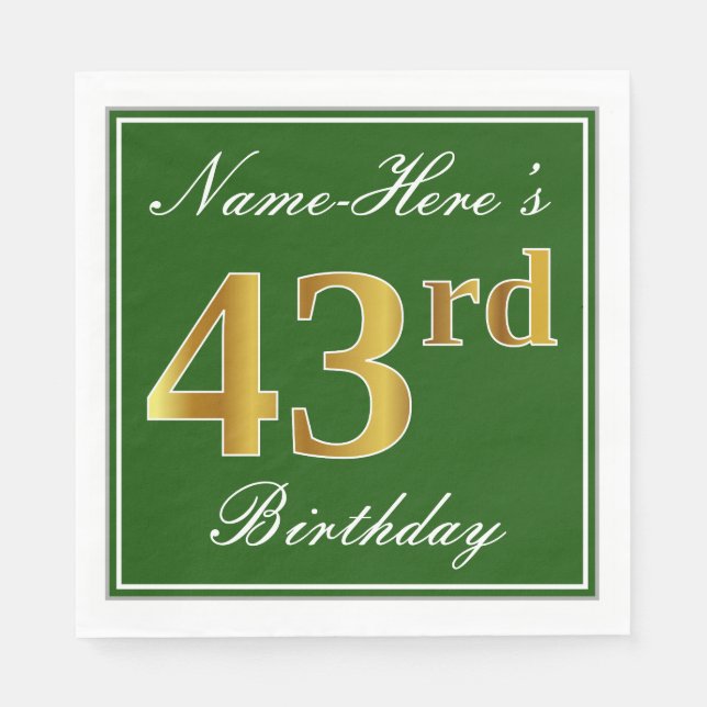 Guardanapo De Papel Elegante Verde, Faux Dourado 43º Aniversário + Nom (Frente)