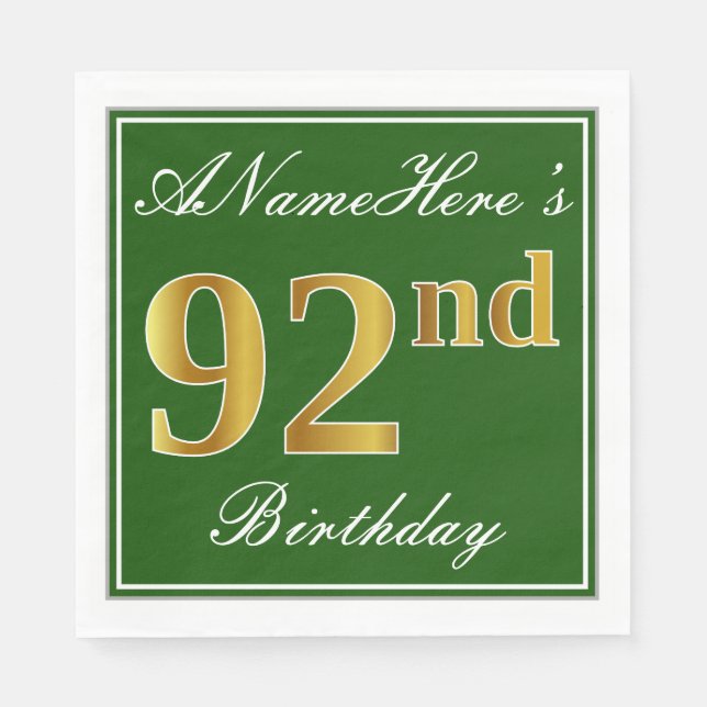 Guardanapo De Papel Elegante Verde, Faux Dourado 92º Aniversário + Nom (Frente)