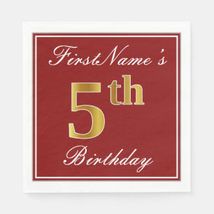 Guardanapo De Papel Elegante Vermelho, Faux Dourada 5 Birthday + Nome