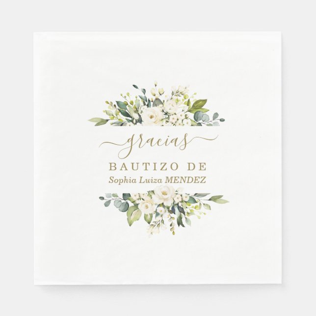 Guardanapo De Papel Elegante Watercolor White Flowers Espanhol Bautizo (Frente)