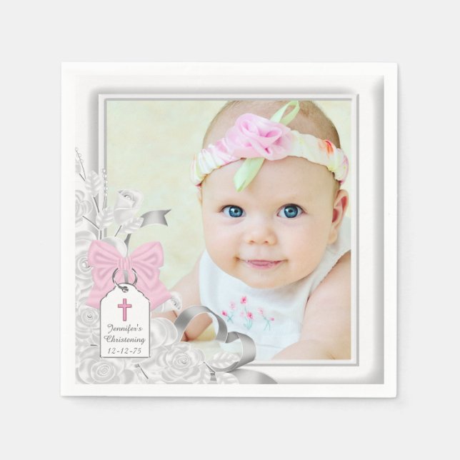 Guardanapo De Papel Elegante White Rose Photo Christening (Frente)