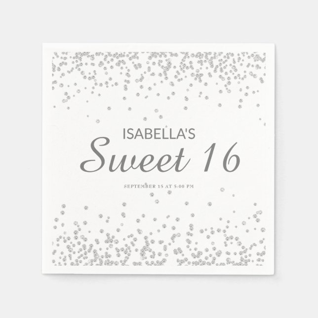 Guardanapo De Papel Elegante White Silver Glitter Sweet 16 Name (Frente)