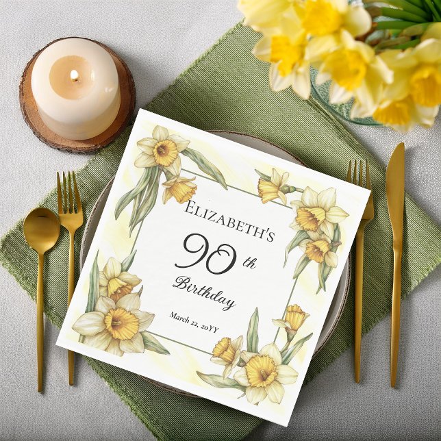 Guardanapo De Papel Elegante Yellow Daffodils Floral 90 Birthday (Elegant Yellow Daffodils Floral 90th Birthday Party Napkins)