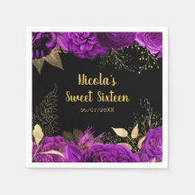Elegantes Flores Roxas e Douradas Sweet Sixteen 