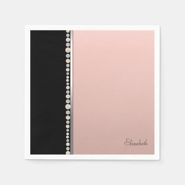Guardanapo De Papel Elegantes Pérolas e Diamantes Pretos e Rosas com E (Frente)