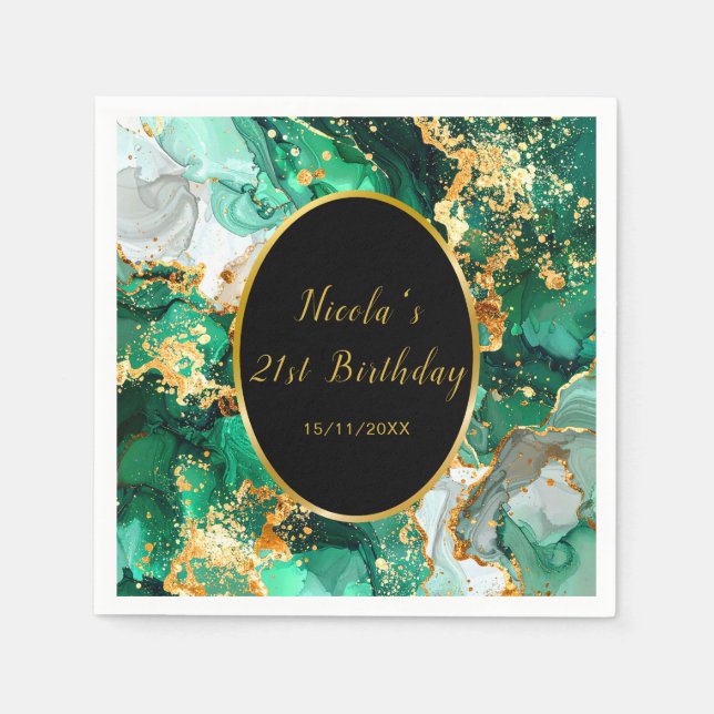 Guardanapo De Papel Emerald Green and Gold Marble Agate Birthday Party (Frente)