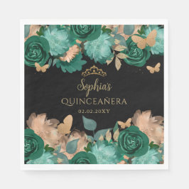Guardanapo De Papel Emerald Green Dourada Borboleta Floral Quinceañera