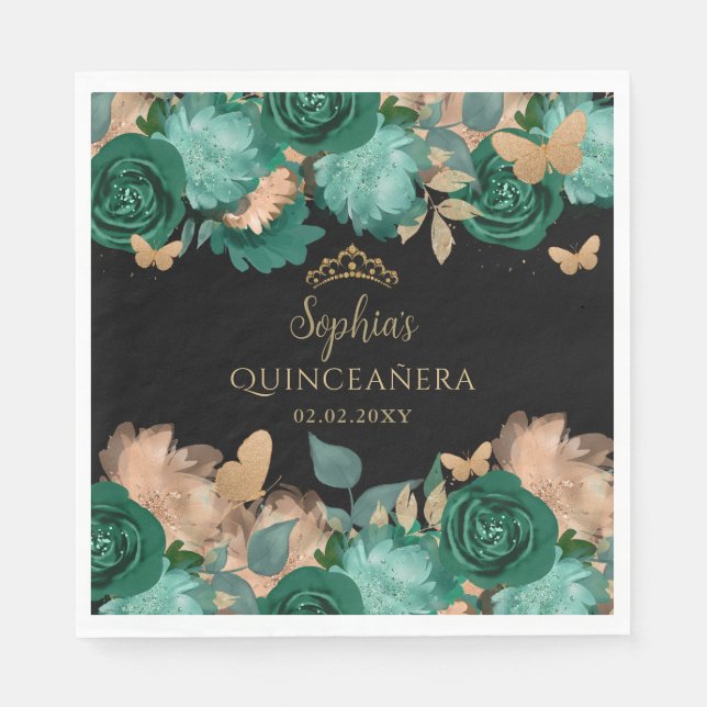 Guardanapo De Papel Emerald Green Dourada Borboleta Floral Quinceañera (Frente)