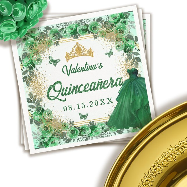 Guardanapo De Papel Emerald Green Dourada Glitter Floral Quinceanera (Emerald Green Gold Glitter Floral Quinceanera Napkins)