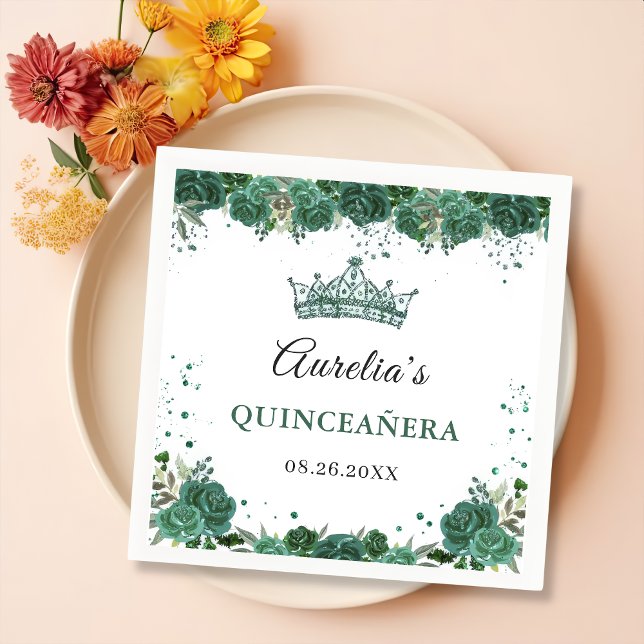 Guardanapo De Papel Emerald Green Floral Quinceanera Birthday (Criador carregado)