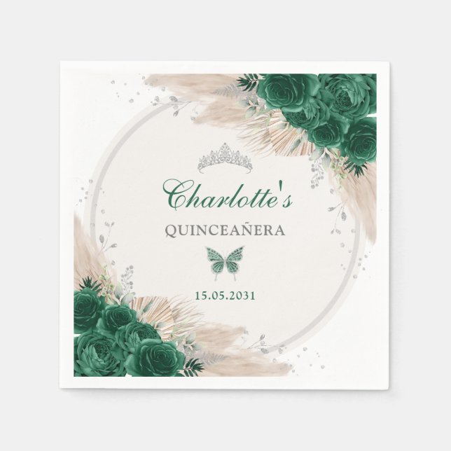Guardanapo De Papel Emerald Green Silver Quinceanera Miss Quince 15 (Frente)