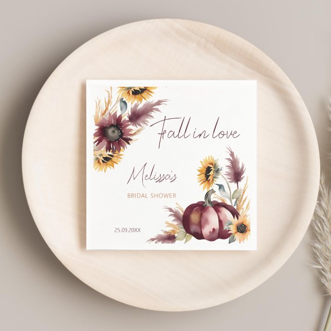 Guardanapo De Papel Encontre o amor chá de bebê boho abóbora girassol (Fall in love boho pumpkin sunflowers autumn bridal shower personalized printed napkins template )