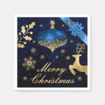 Enfeite de Natal azul e dourado com brilho e Fita