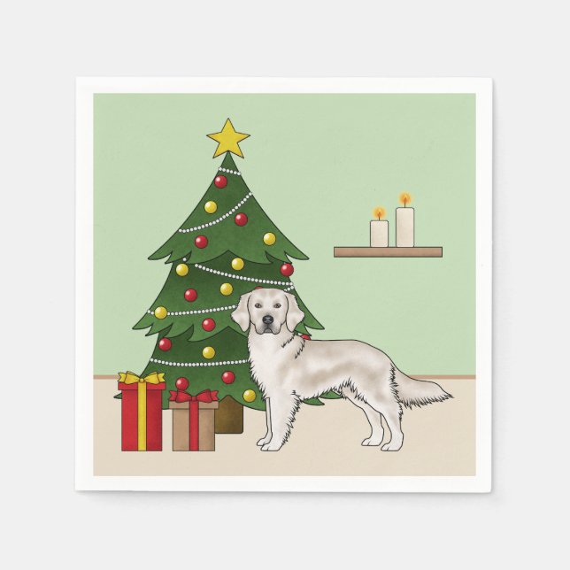 Guardanapo De Papel English Cream Golden Retriever Com Árvore de Natal (Frente)