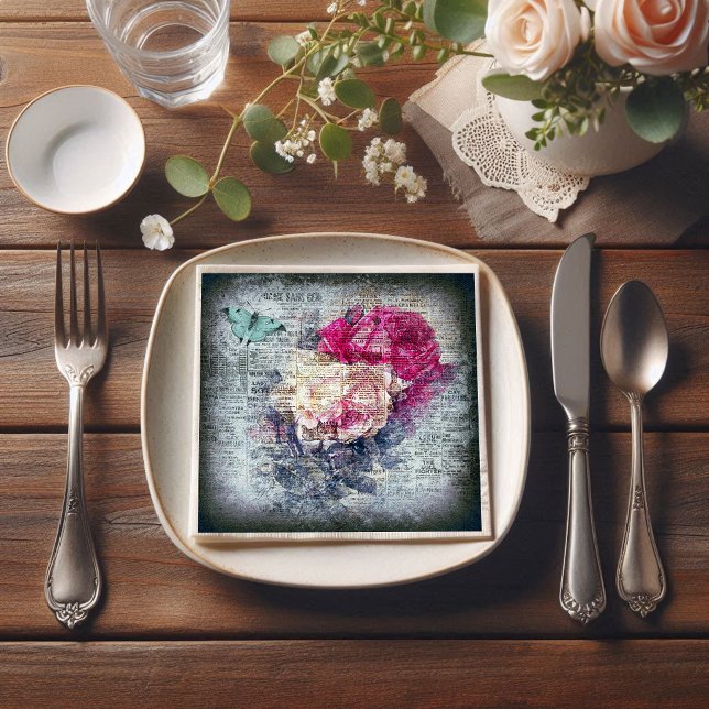 Guardanapo De Papel Ephemera Floral Butterfly Newsprint (Criador carregado)