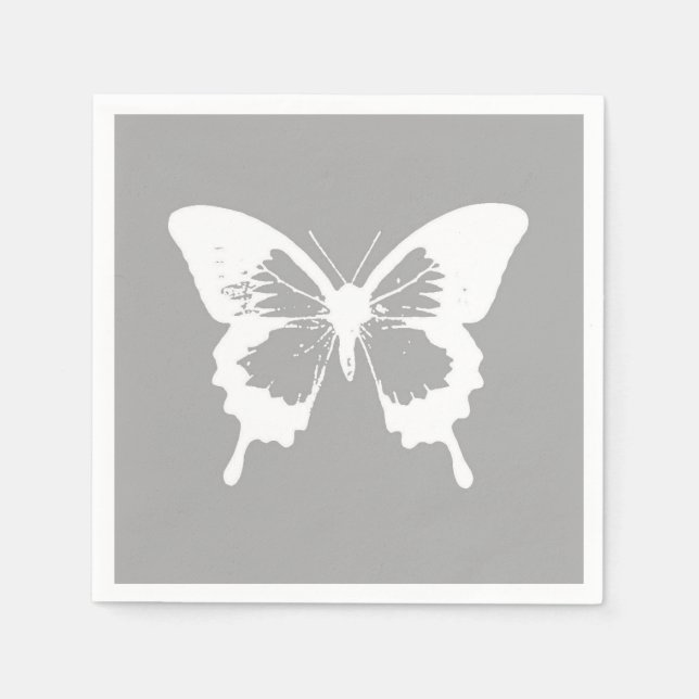 Guardanapo De Papel Esboço da borboleta, cinza prateada e branco (Frente)
