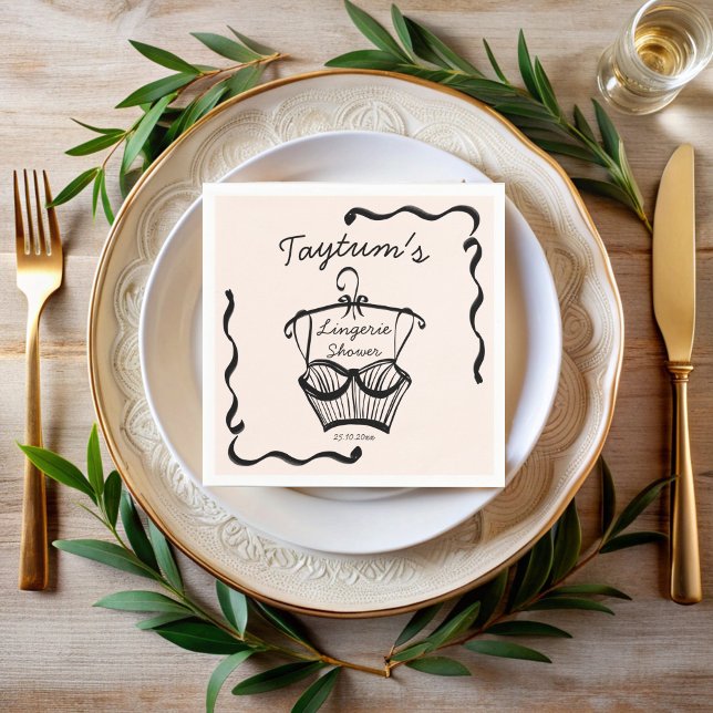 Guardanapo De Papel Esboço de lingerie para chá de noiva com borda ond (Lingerie bridal shower wavy border hand drawn sketch monogrammed personalized printed napkins)