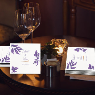 Guardanapo De Papel Esboço Mínimo Roxo Botânico e Casamento Dourado