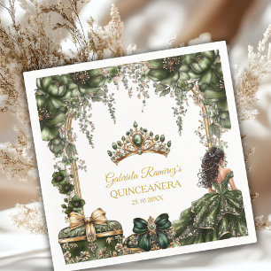 Guardanapo De Papel Esmeralda Verde Tiara Floral Dourada Quinceañera