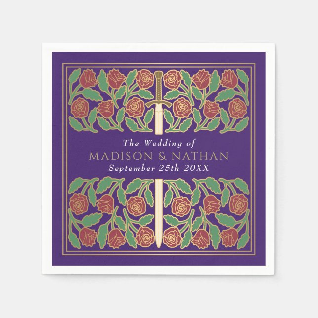 Guardanapo De Papel Espada Floral Dourada Real Medieval Casamento Roxo (Frente)