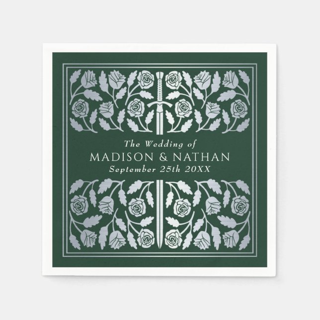 Guardanapo De Papel Espada Prateada Medieval Real Verde Casamento (Frente)