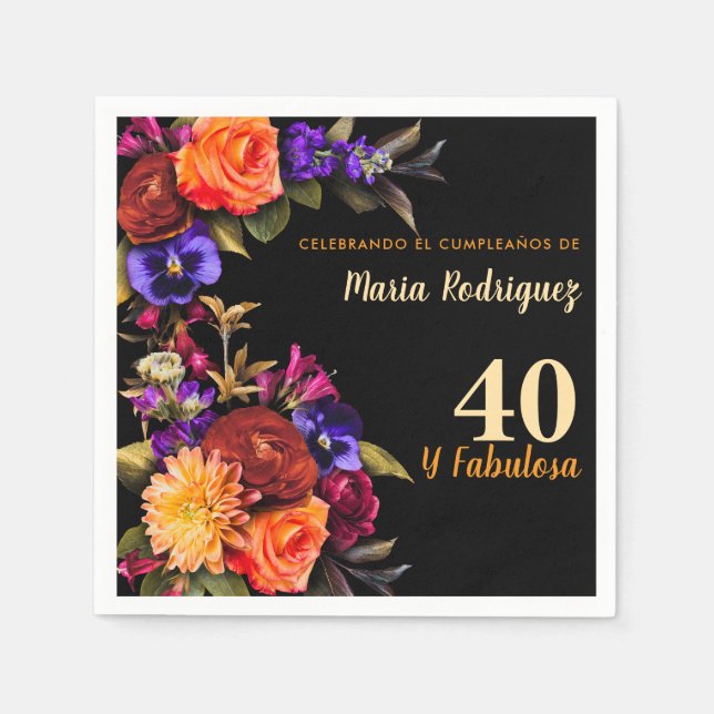 Guardanapo De Papel Espanhol Elegante Florais Negra aniversário de 40  (Frente)