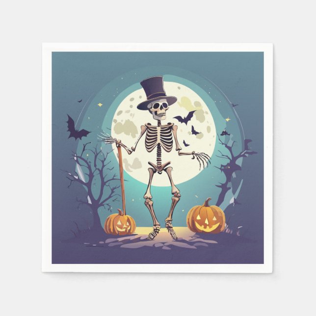 Guardanapo De Papel Esqueleto Dançando Sob a Lua Halloween (Frente)