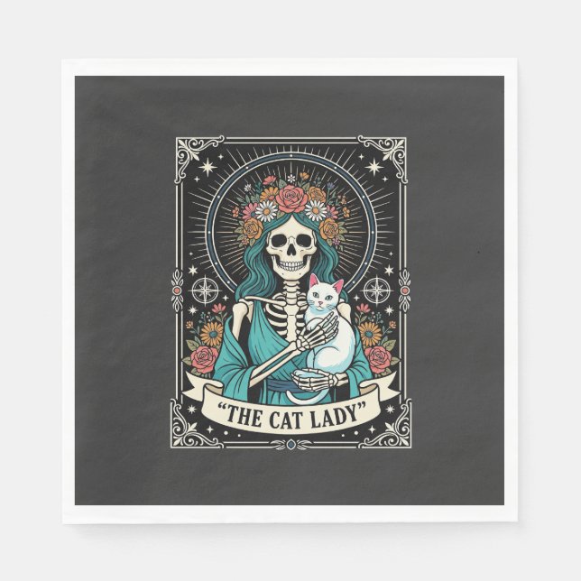 Guardanapo De Papel Esqueleto de Gata Tarot Floral Gótico (Frente)