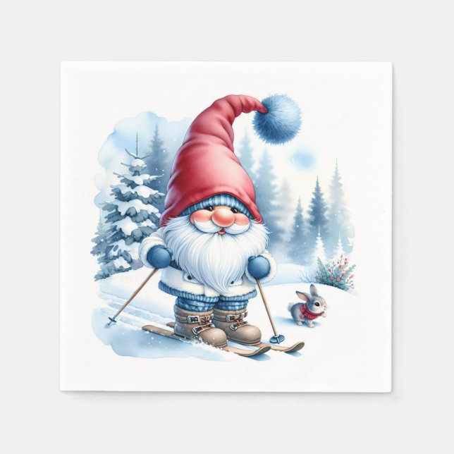 Guardanapo De Papel Esqui de inverno Gnome com coelho (Frente)