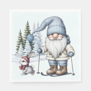Guardanapo De Papel Esqui Gnome com coelho em flocos de neve