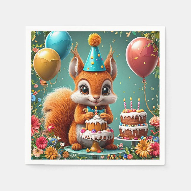 Guardanapo De Papel Esquilo adorável comemorando aniversário (Frente)