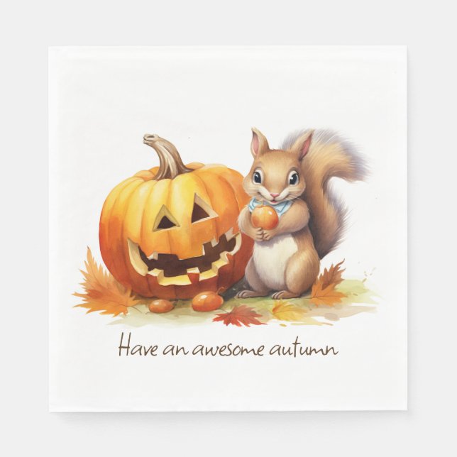 Guardanapo De Papel Esquilo de Outono em Aquarela Com Jack-o-lantern (Frente)
