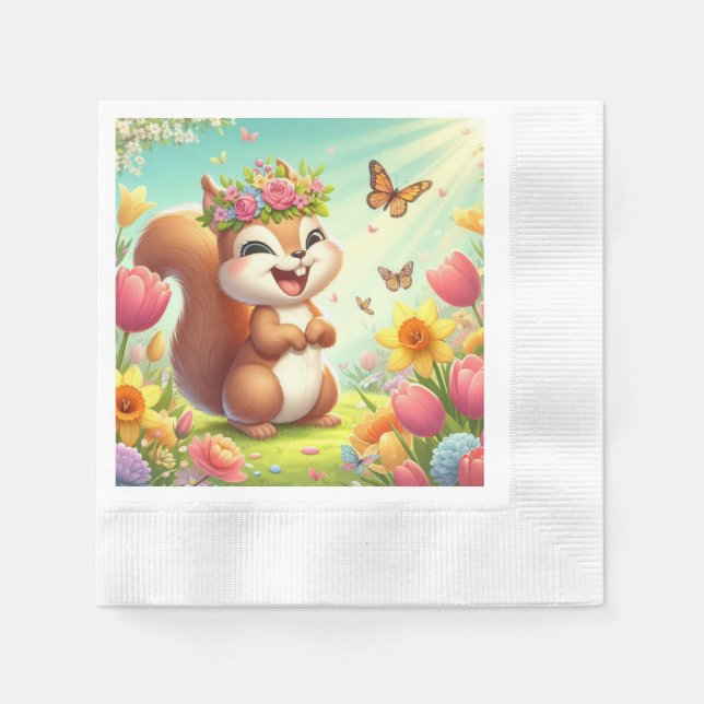 Guardanapo De Papel Esquilo de primavera feliz e bonito (Frente)