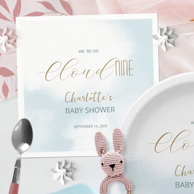 Guardanapo De Papel Estamos no Chá de fraldas Azul de Script Elegante  (We´re on Cloud 9 Elegant Script Blue Baby Shower Napkins ©Susanne Sachers - Sunny Mind 🌞)