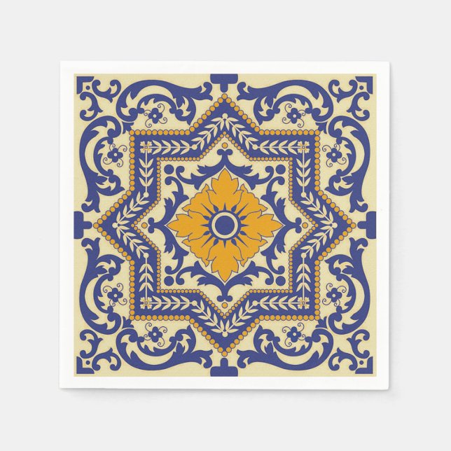 Guardanapo De Papel Estilo Azulejo Cerâmico Azul Nápoles Laranja (Frente)