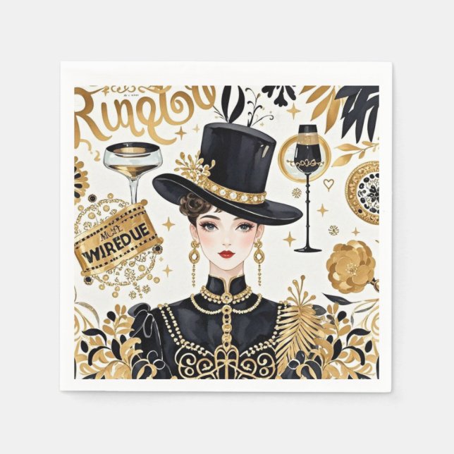 Guardanapo De Papel Estilo Moulin Rouge, preto e dourado, Luxo opulent (Frente)