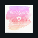 Guardanapo De Papel Estrela Púrpura de Água Rosa de David Bat Mitzvah<br><div class="desc">Um perfeito coquetel de papel descartável,  fraldas de papel,  cor-de-rosa,  pêssego,  roxo,  lavanda,  design de aquarela lilática,  com estrela branca de David. Bat Mitzvah é fácil personalizar adicionando nome e data de opção. Perfeito para a cerimônia religiosa judia</div>