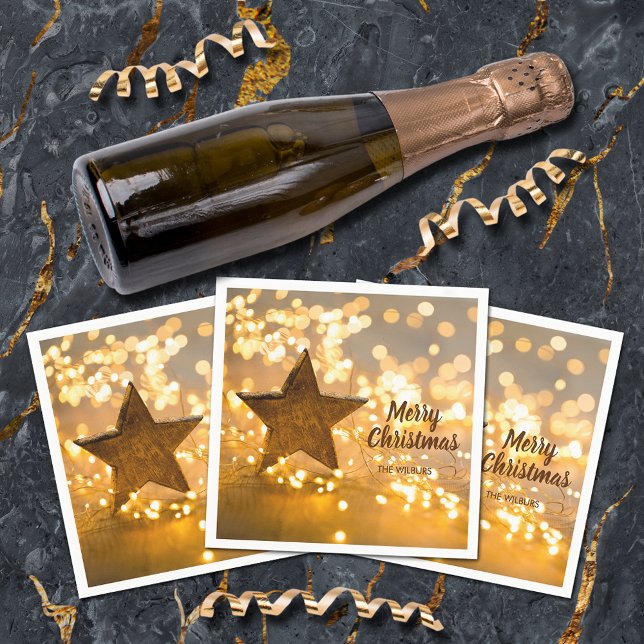 Guardanapo De Papel Estrela Russa e Luzes de Natal (Rustic Star and Christmas Lights Cocktail Napkins)