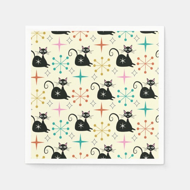 Guardanapo De Papel Estrelas Explosivas de Meados do Século com Gato A (Frente)