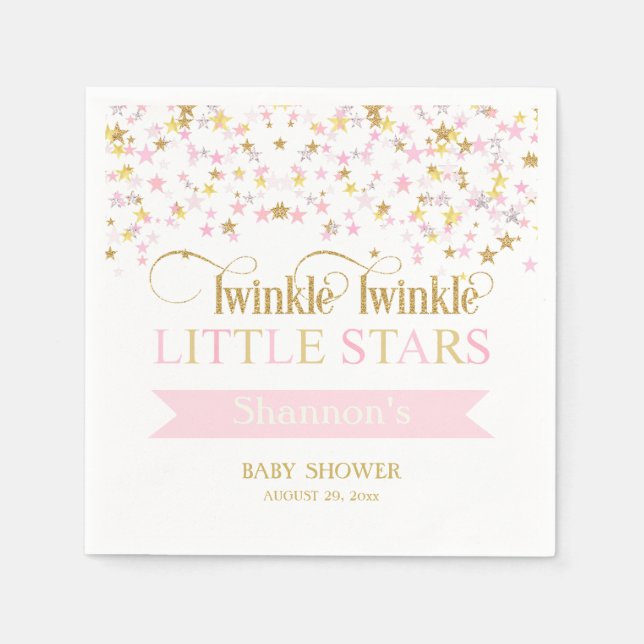 Guardanapo De Papel Estrelas Gêmeas Bebê Shower Rosa Dourado (Frente)