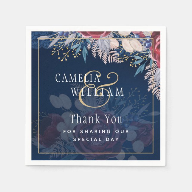 Guardanapo De Papel Eterno Azul Borgonha Floral Casamento (Frente)