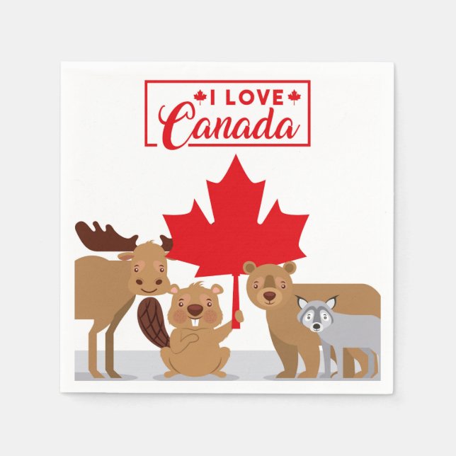 Guardanapo De Papel Eu Amo Canadá Alce Castor Urso Lobo | Dia do Canad (Frente)
