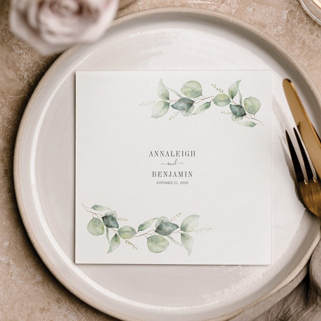Guardanapo De Papel Eucalyptus deixa papel de coquetel de casamento ve (Watercolor Eucalyptus Foliage Wedding Reception Paper Napkins)