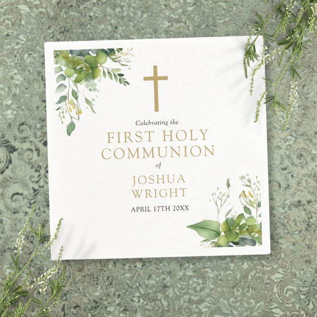 Guardanapo De Papel Eucalyptus Greenery Floral Primeira Comunhão Santa (Eucalyptus Greenery Floral First Holy Communion Napkins)