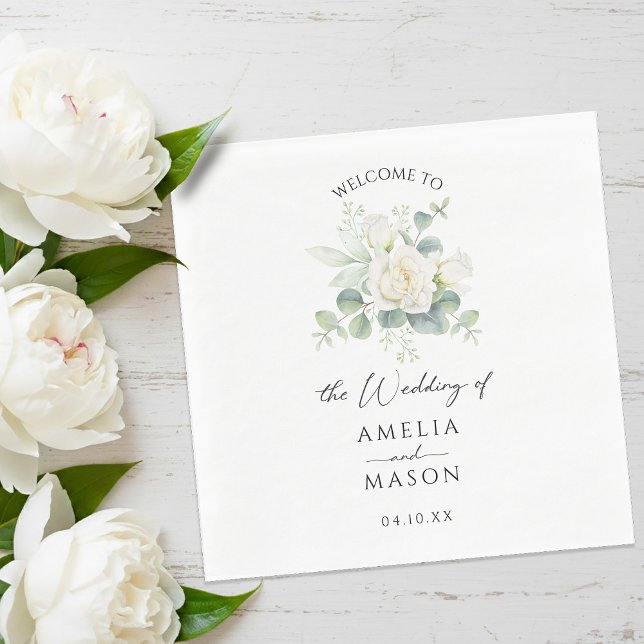 Guardanapo De Papel Eucalyptus Rose Floral White Paper Wedding  (Eucalyptus Rose Floral White Paper Wedding Napkins)