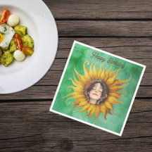 Face of Peaceful Girl Big Yellow Sunflower Green