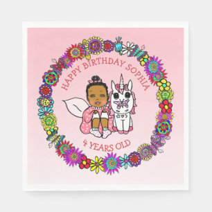 Guardanapo De Papel Fada Afro-Americana Coral e Nascimento Unicórnio