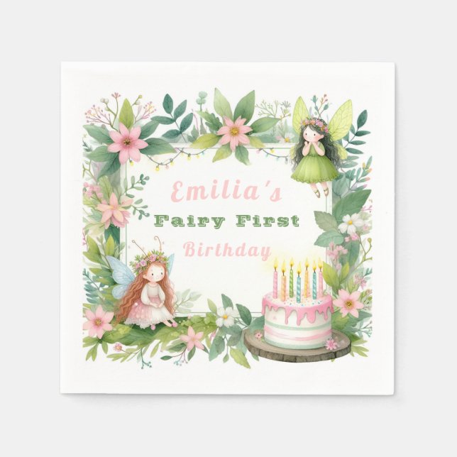 Guardanapo De Papel Fada Verde de Pastel - Primeiro Aniversário (Frente)