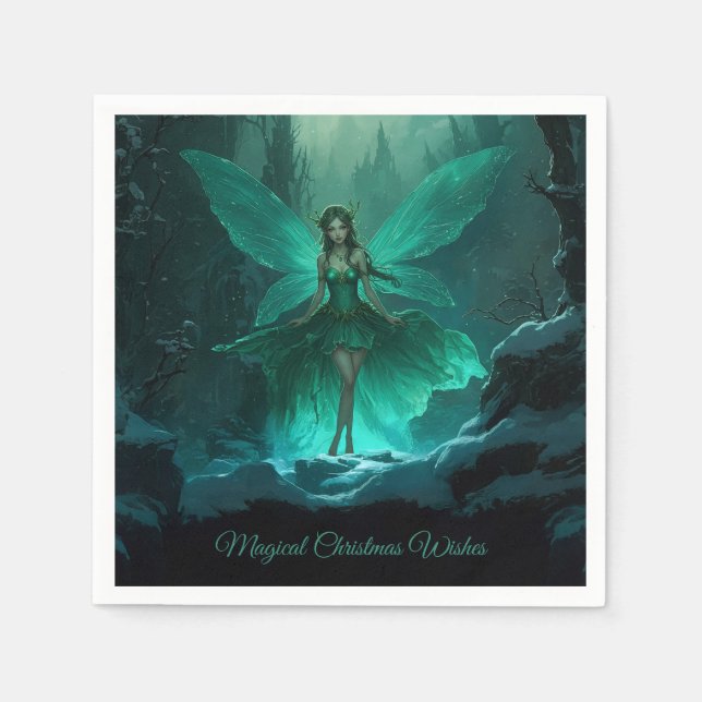 Guardanapo De Papel Fada Verde Encantada Natal da Floresta de inverno (Frente)