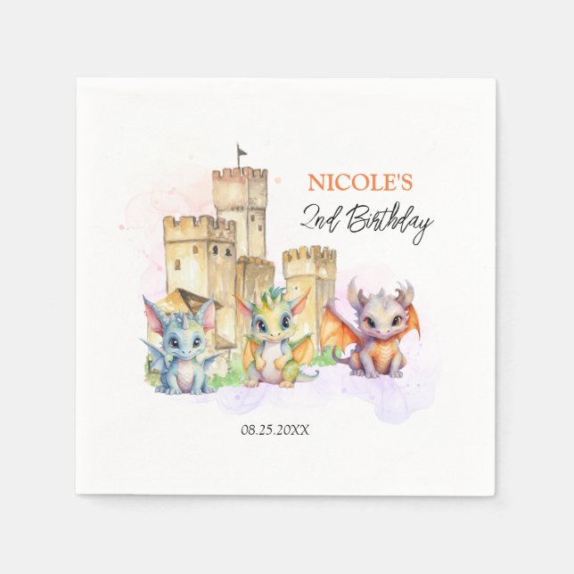 Guardanapo De Papel Fairytale Cute Baby Dragon Castle Birthday (Frente)